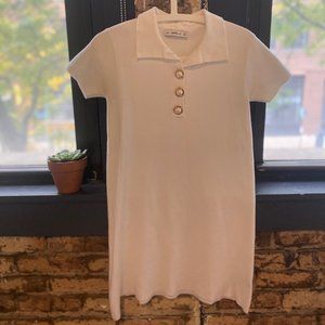ZARA Women White Shirt Polo Dress White w/ Gold